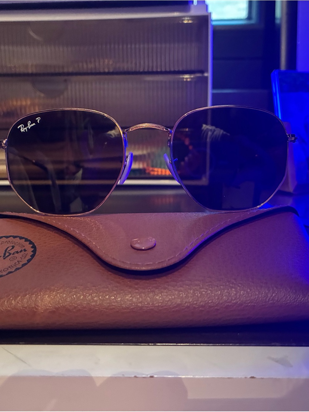 Ray-Ban P Women's Gold Frame Sunglasses with Dark Green Lenses